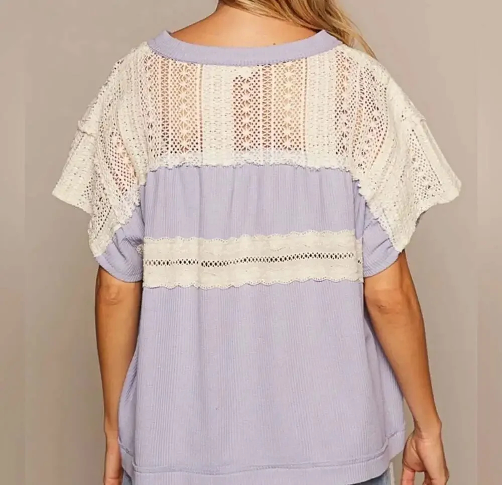POL V-Neck Crochet Lace Inset Waffle Knit Top in Lavender - Picture 2 of 8